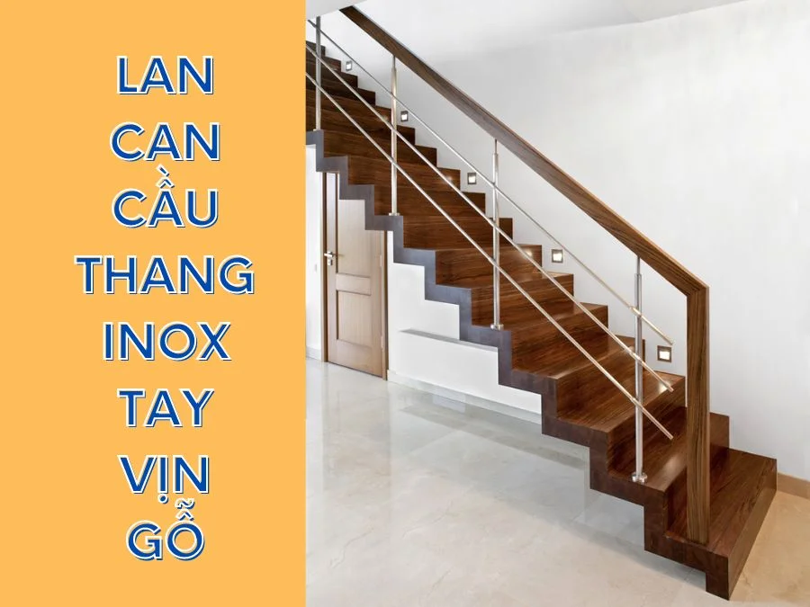 Mẫu cầu thang inox tay vịn gỗ